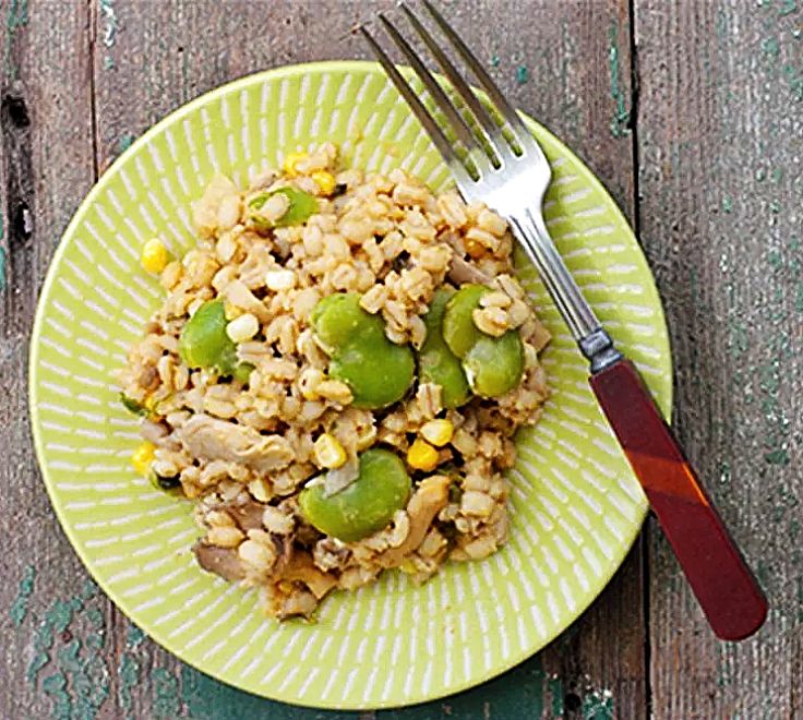 Barley Risotto with nutrients boosted by the addition of steamed broad bean seeds. See a nutrient summary in this article