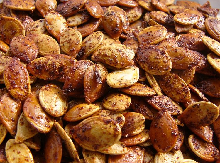 Spicy roasted pumpkins seeds are a great side dish for parties and with drinks before supper.